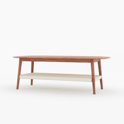 Two-Tier Coffee Table with Solid Wood Top and Polyester Rope Shelf