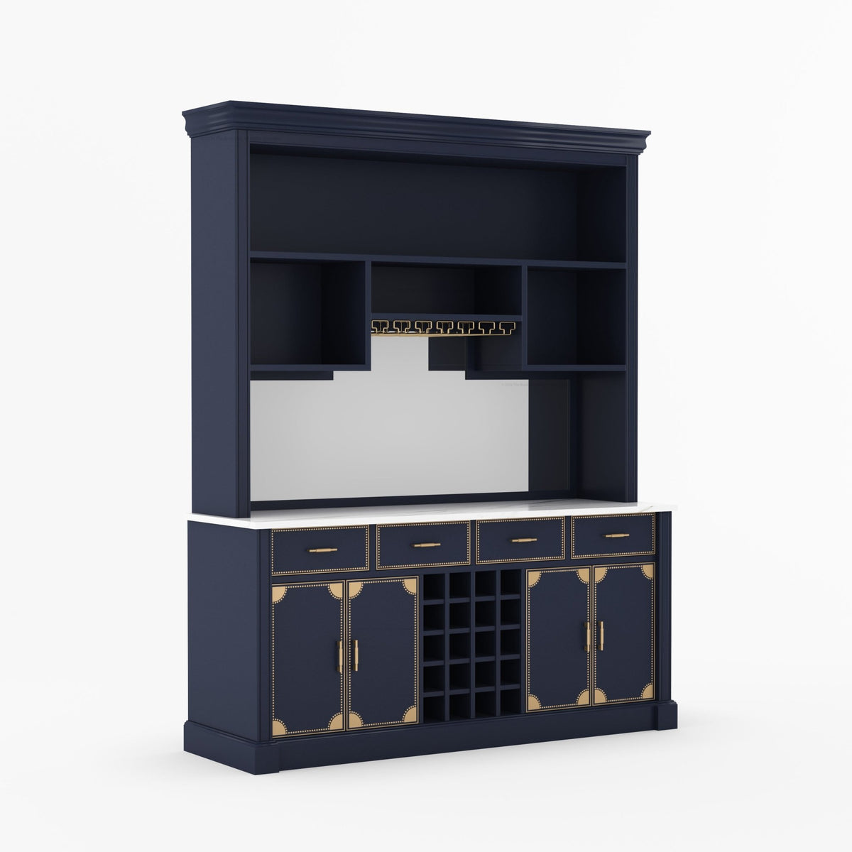 Lexington Solid Wood Wine Bar Cabinet with Hutch, Marble Countertop &amp; Leather Detailing