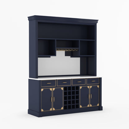 Lexington Solid Wood Wine Bar Cabinet with Hutch, Marble Countertop &amp; Leather Detailing
