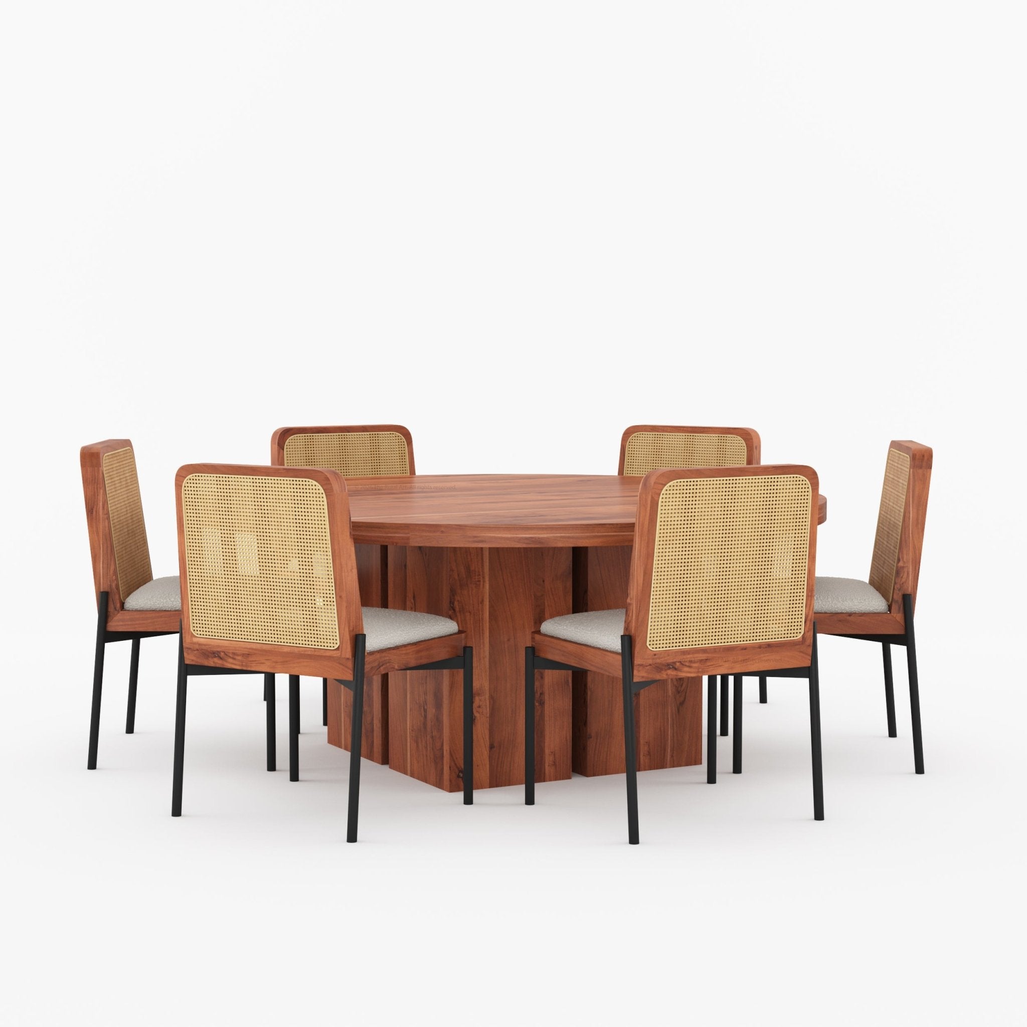 Ozark Round Wooden Pedestal Dining Table with Cane-Back Upholstered Chairs