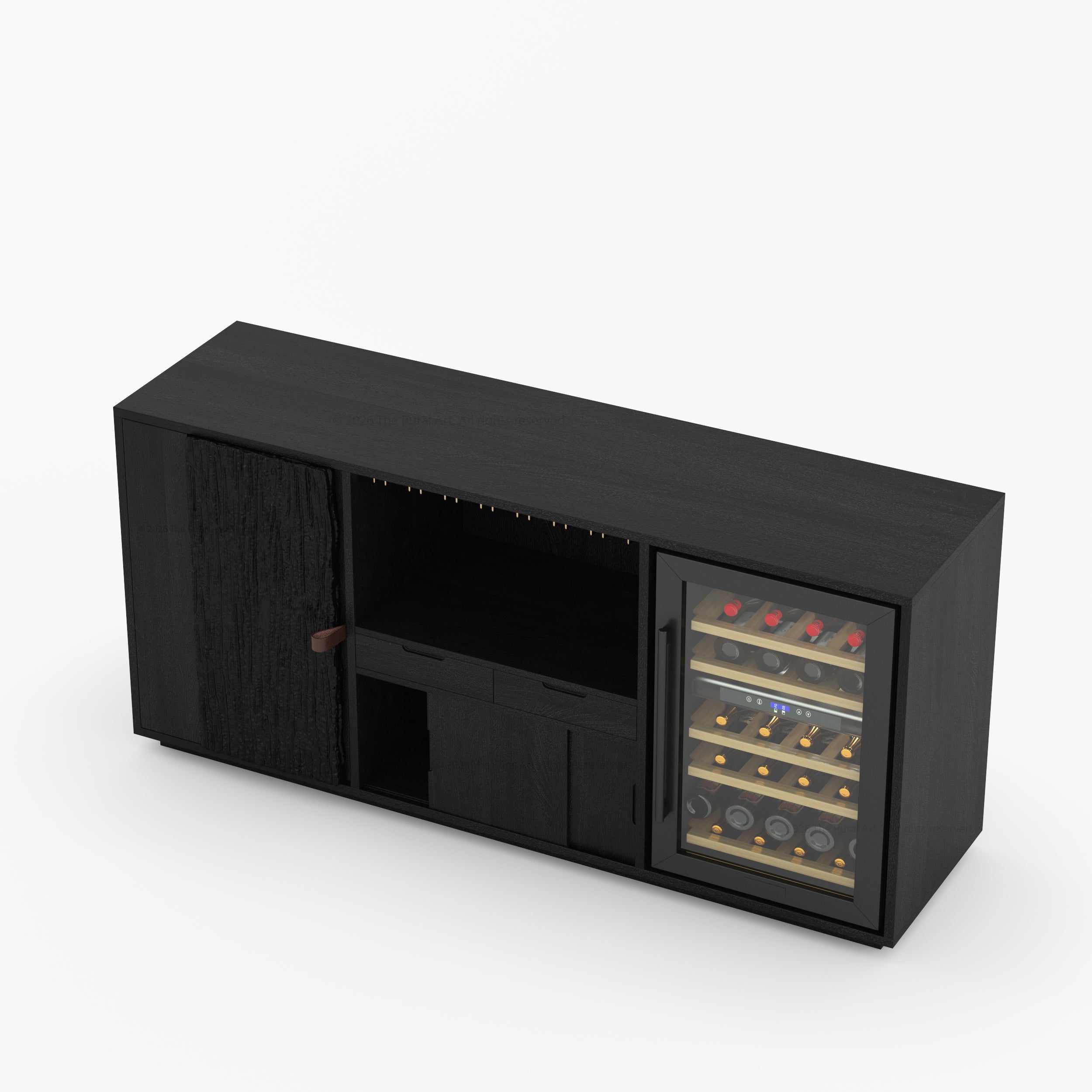 Myers Modern Black Bar Cabinet with Mini Fridge Space &amp; Leather Strap Door