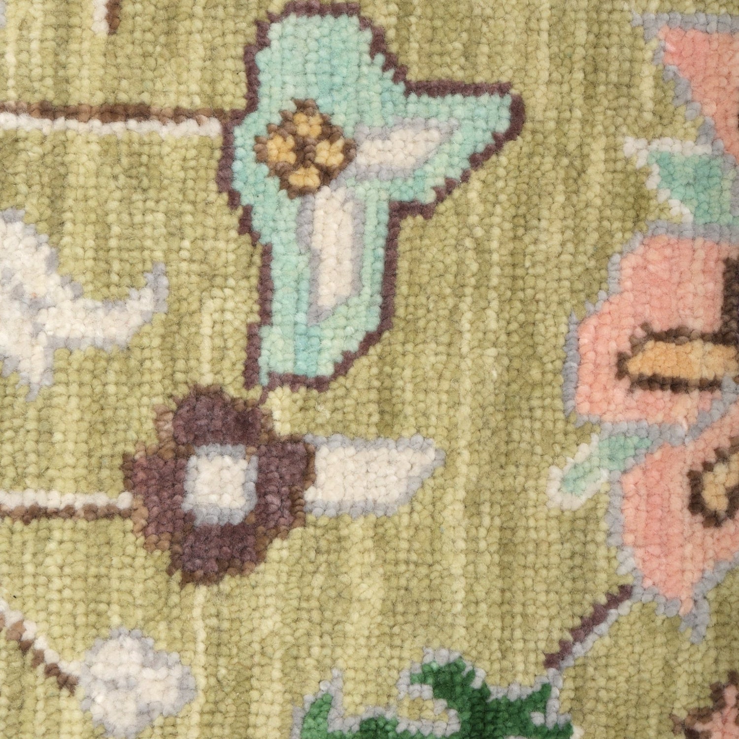Dilkush Hand-Knotted Wool Oushak Rug in Sage Green &amp; Soft Yellow