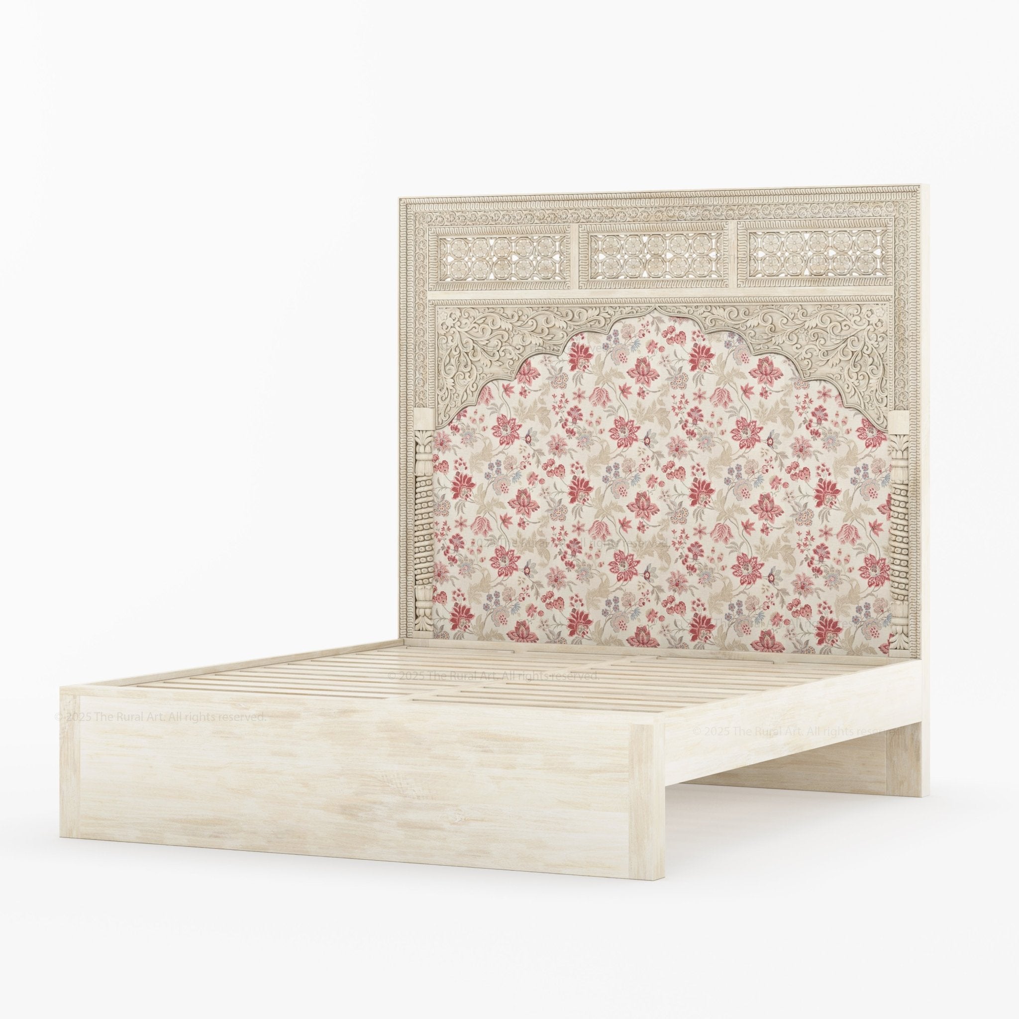 Dakota Antique White Solid Wood Bed Hand-Carved with Vintage Floral Fabric Headboard