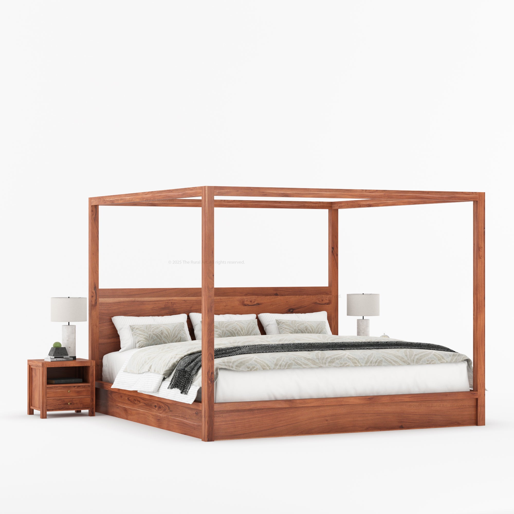 Orlando Solid Wood Canopy Platform Bedroom Set With Dresser, Nightstand, Bedside Bench &amp; Mirror