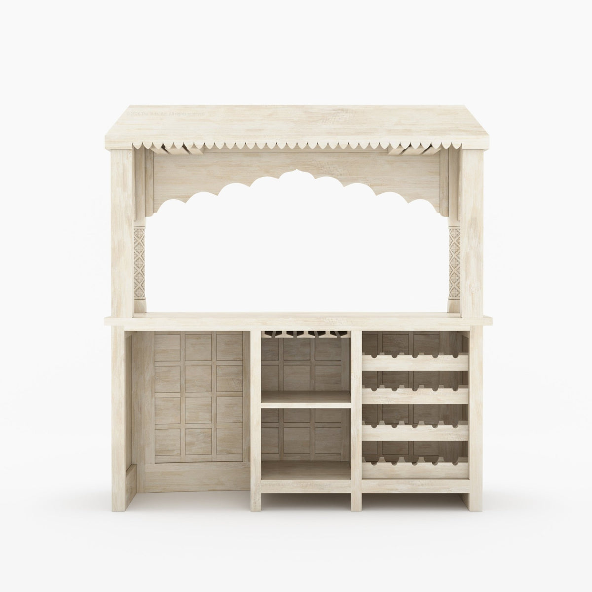 Monterey Hand-Carved Canopy Wine Bar Counter with Wine Fridge Space &amp; Bottle Storage