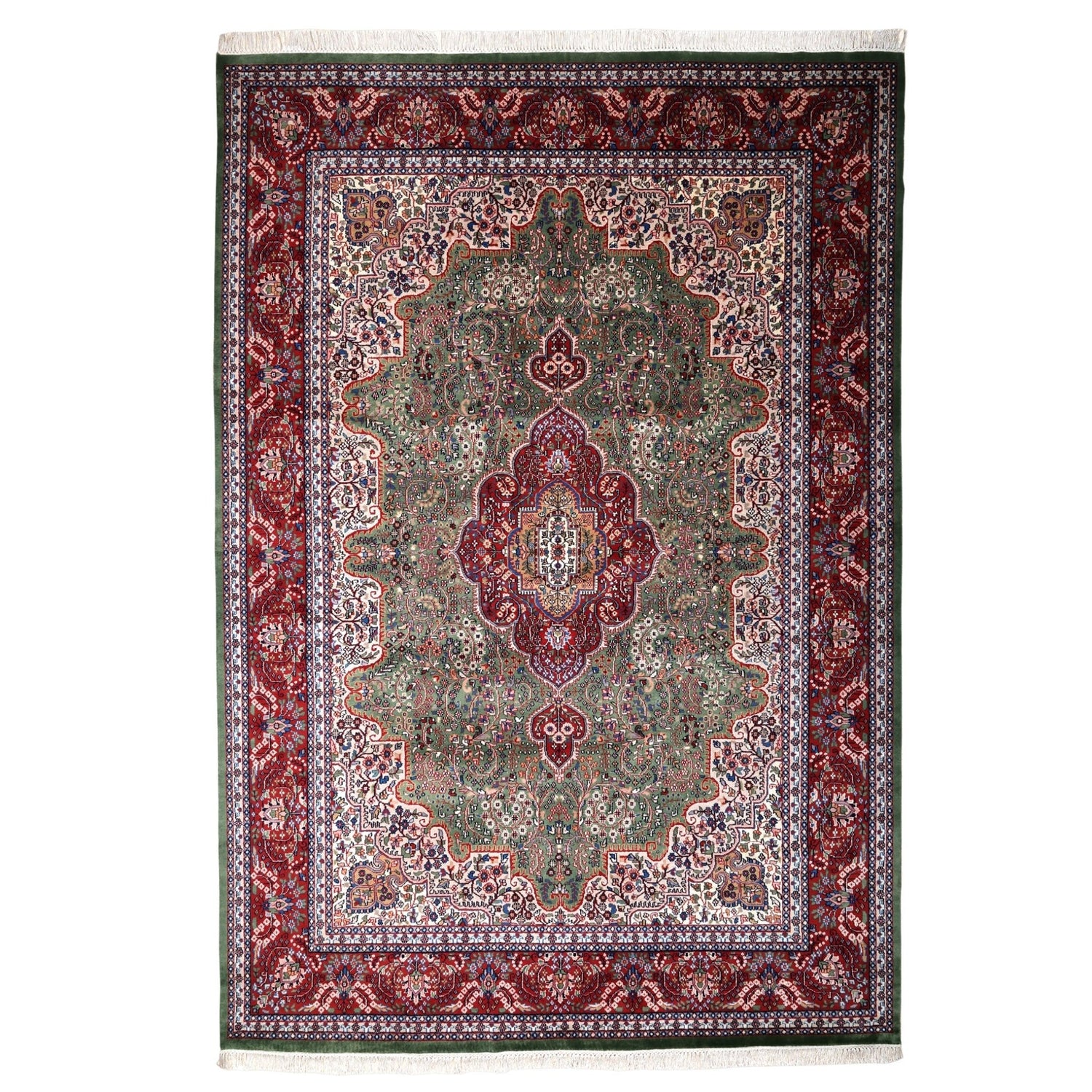 Asheville Hand-Knotted Wool Oriental Rug Sage Green, Crimson &amp; Ivory