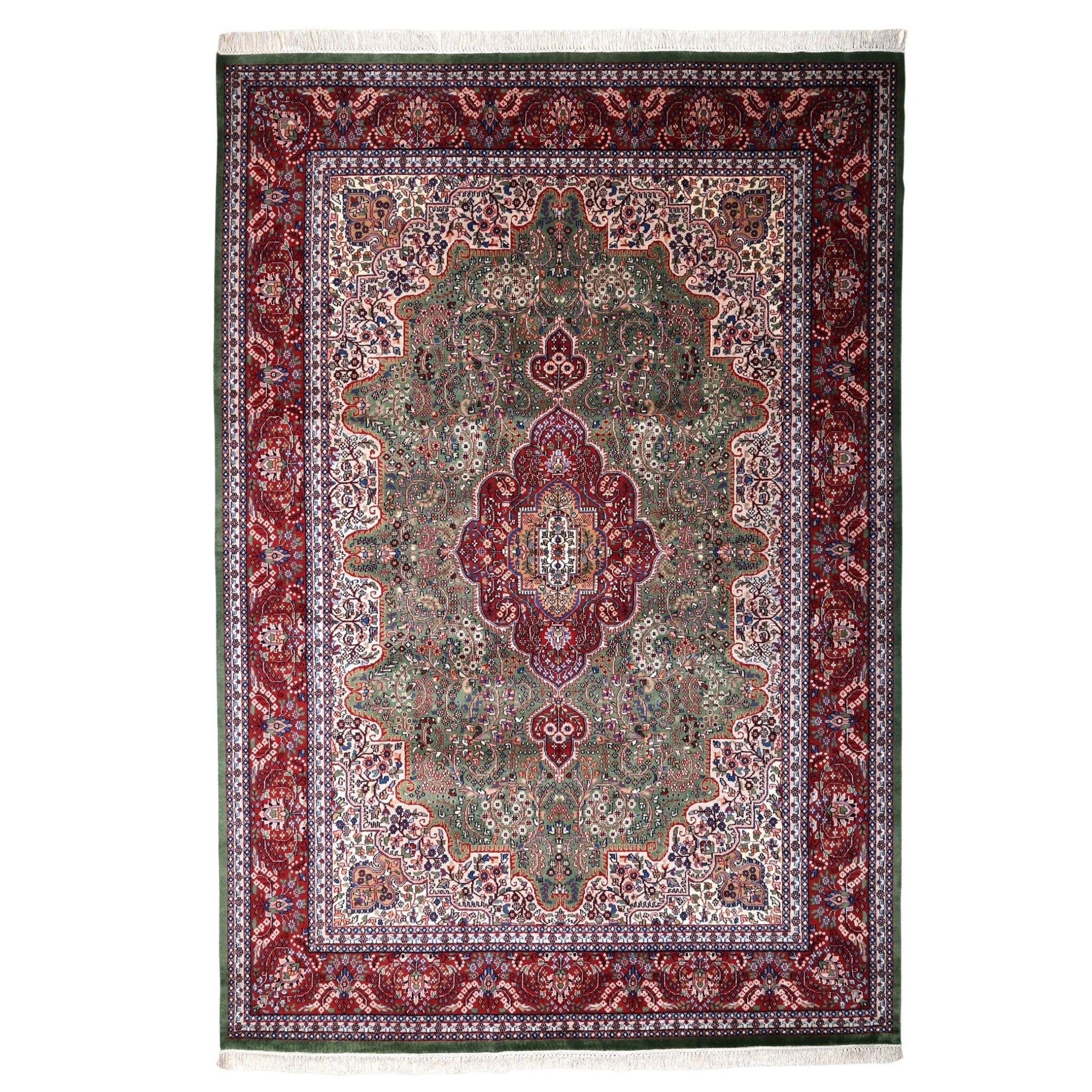 Asheville Hand-Knotted Wool Oriental Rug Sage Green, Crimson &amp; Ivory