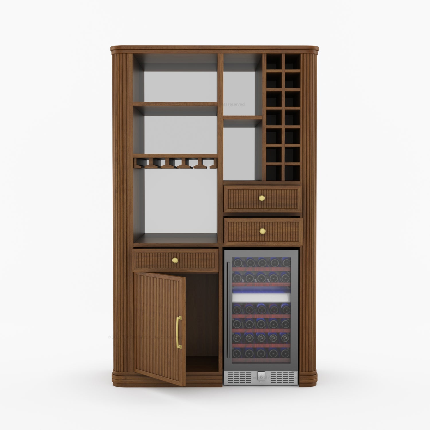 Durham Tall Wine Bar Cabinet with Built-In Wine Rack &amp; Refrigerator Space