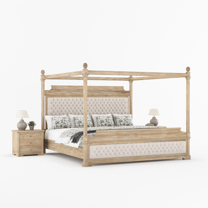 Abilene Four Poster Canopy Solid Wood Bed with Tufted Upholstered Headboard &amp; Footboard