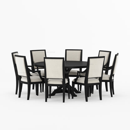 Miami Round Solid Wood Dining Table Set with Iron-Accented Pedestal &amp; Upholstered Armchairs
