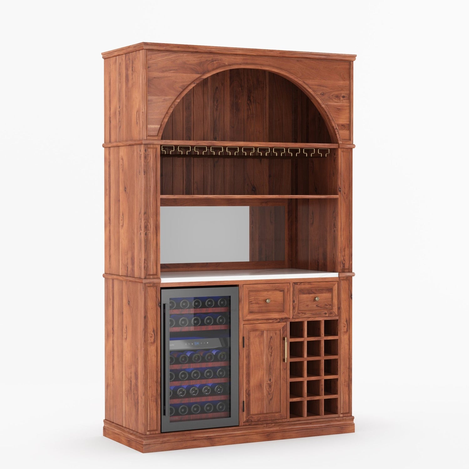 Douglas Arch Wine Bar Cabinet with Fridge Space &amp; Marble Countertop