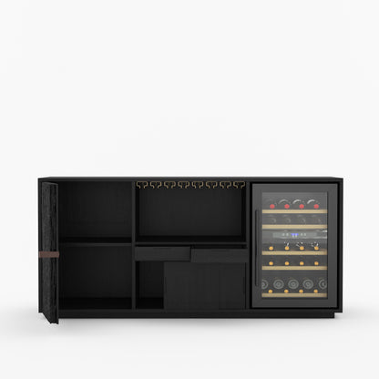 Myers Modern Black Bar Cabinet with Mini Fridge Space &amp; Leather Strap Door