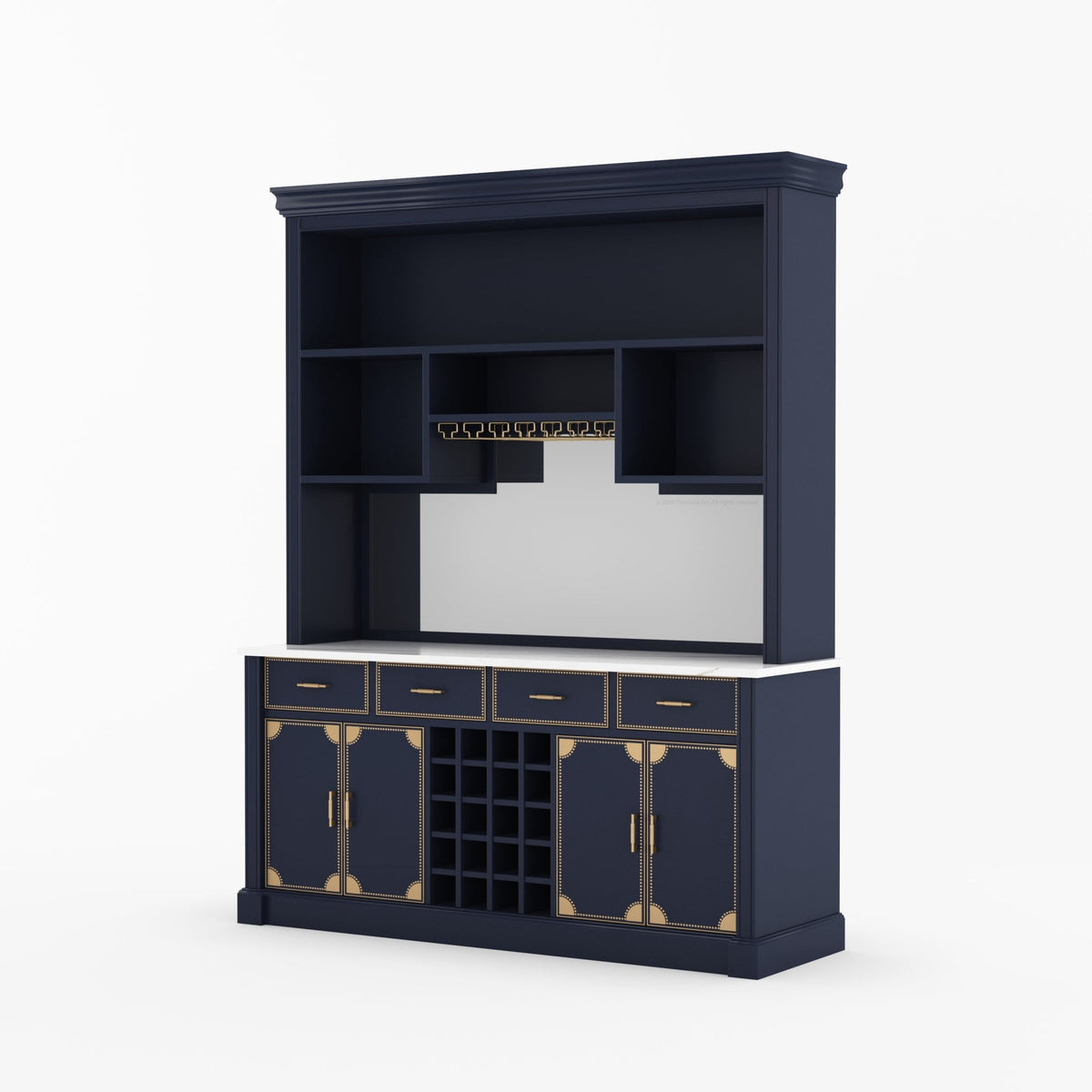 Lexington Solid Wood Wine Bar Cabinet with Hutch, Marble Countertop &amp; Leather Detailing