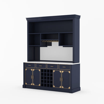 Lexington Solid Wood Wine Bar Cabinet with Hutch, Marble Countertop &amp; Leather Detailing