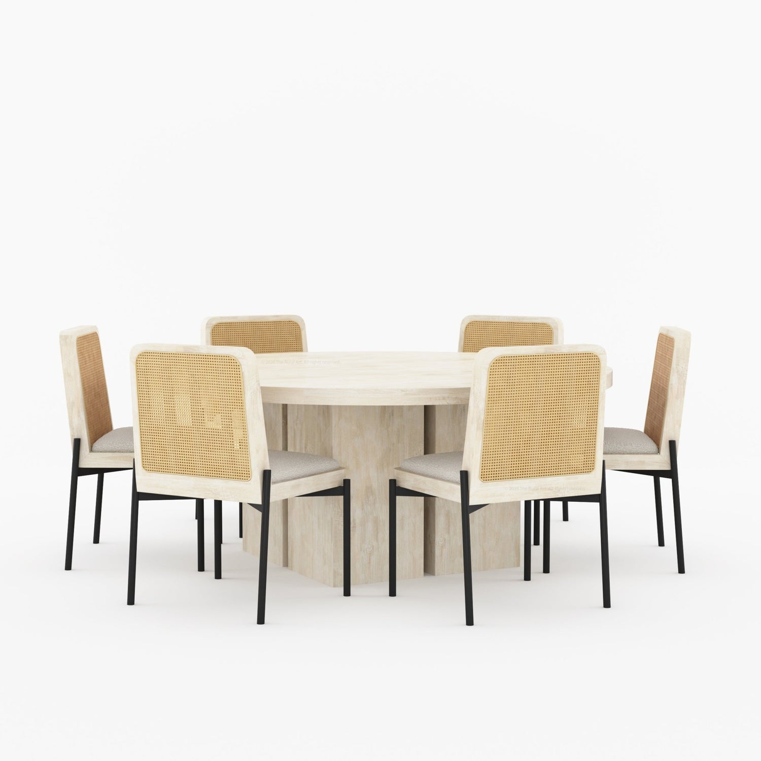 Ozark Round Wooden Pedestal Dining Table with Cane-Back Upholstered Chairs