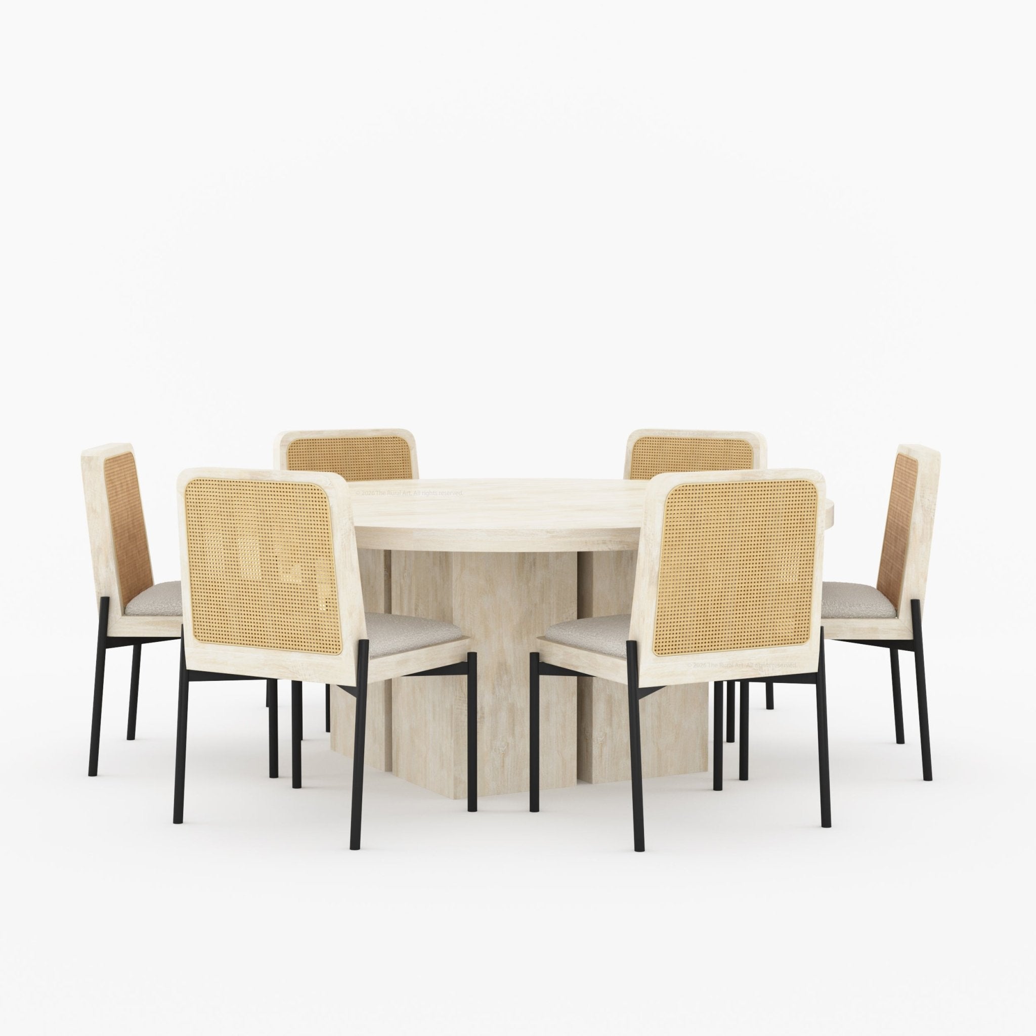 Ozark Round Wooden Pedestal Dining Table with Cane-Back Upholstered Chairs