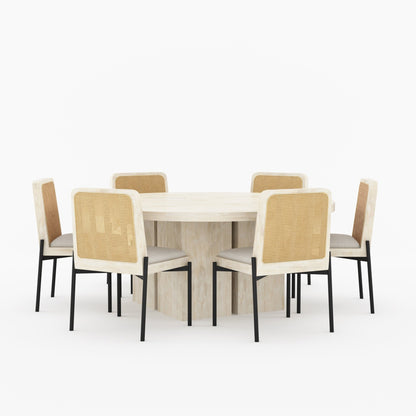 Ozark Round Wooden Pedestal Dining Table with Cane-Back Upholstered Chairs