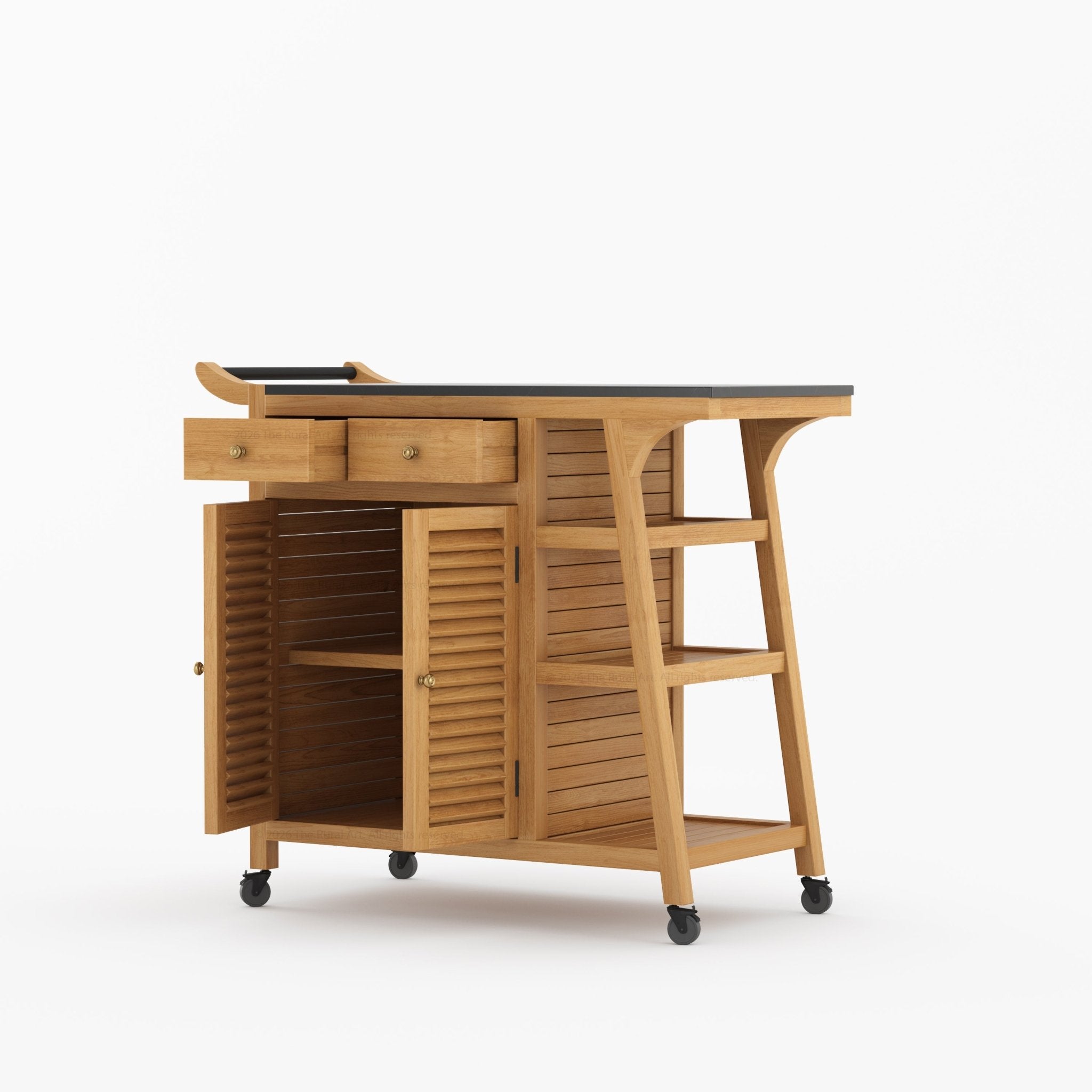 Ketchikan Solid Wood Outdoor Wine Cart with Storage &amp; Serving Shelves