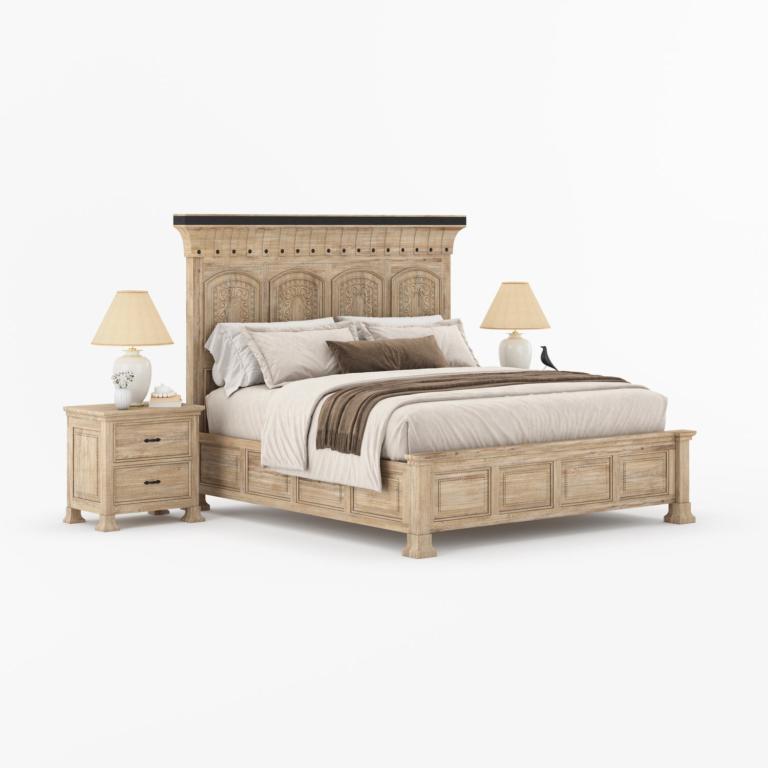 Prescott Grand Heritage Solid Wood Bed with Hand-Carved Panel Headboard