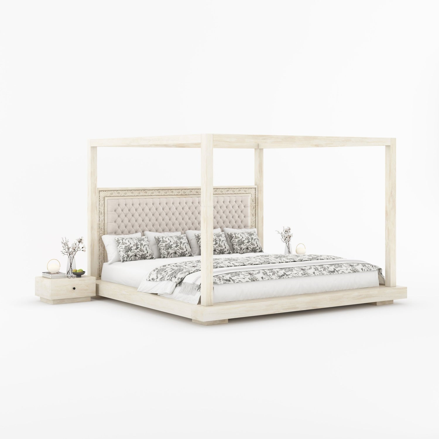 Sheffield Solid Wood Canopy Bed with Upholstered Tufted Headboard &amp; Hand-Carved Frame