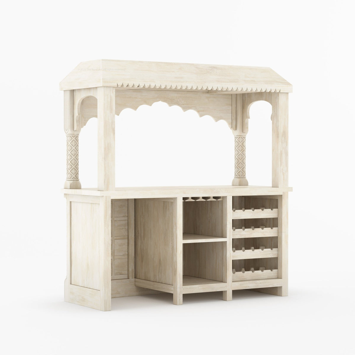 Monterey Hand-Carved Canopy Wine Bar Counter with Wine Fridge Space &amp; Bottle Storage