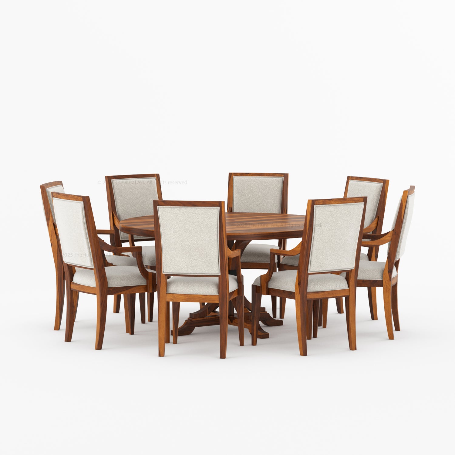 Miami Round Solid Wood Dining Table Set with Iron-Accented Pedestal &amp; Upholstered Armchairs