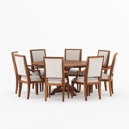 Miami Round Solid Wood Dining Table Set with Iron-Accented Pedestal &amp; Upholstered Armchairs