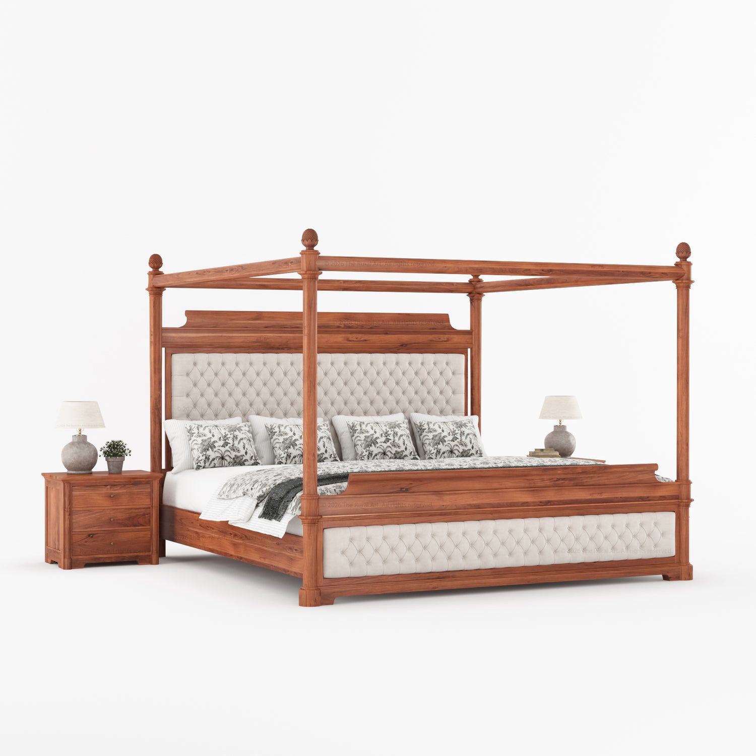 Abilene Four Poster Canopy Solid Wood Bed with Tufted Upholstered Headboard &amp; Footboard