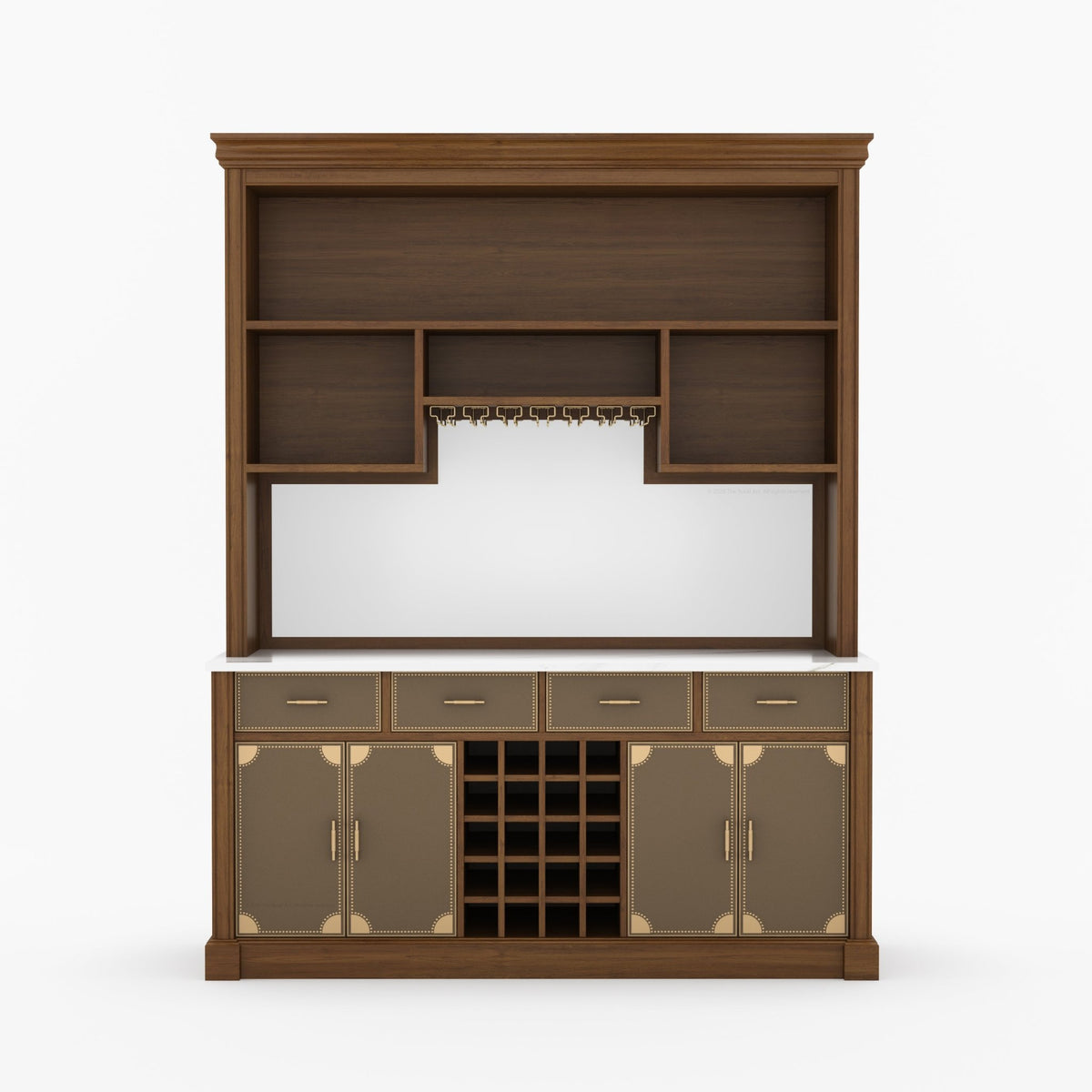Lexington Solid Wood Wine Bar Cabinet with Hutch, Marble Countertop &amp; Leather Detailing