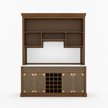 Lexington Solid Wood Wine Bar Cabinet with Hutch, Marble Countertop &amp; Leather Detailing