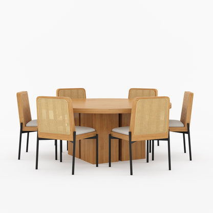 Ozark Round Wooden Pedestal Dining Table with Cane-Back Upholstered Chairs