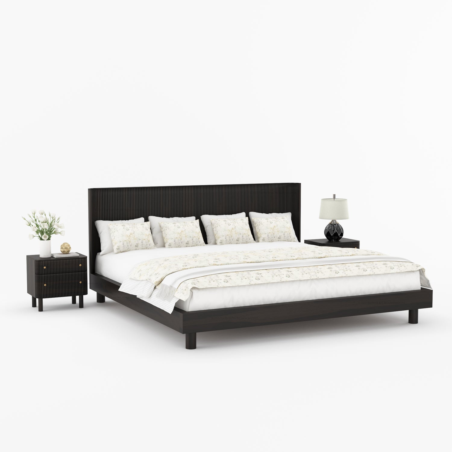 Richmond Platform Bed Frame with Fluted Headboard Made In Solid Indian Rosewood