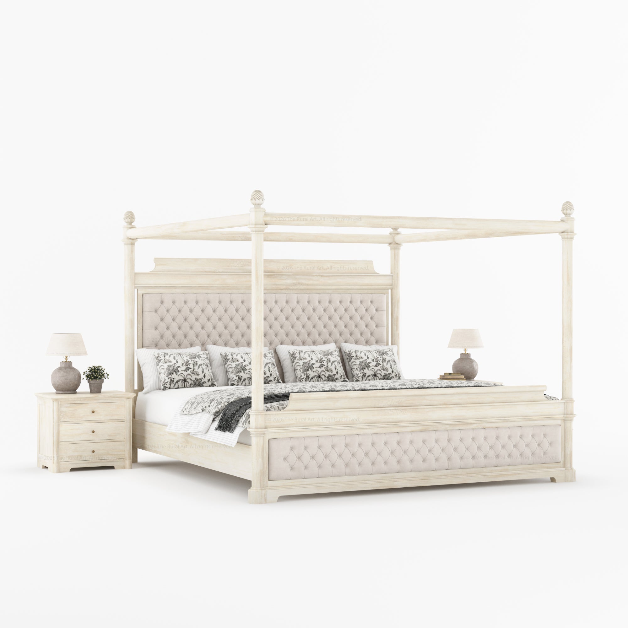 Abilene Four Poster Canopy Solid Wood Bed with Tufted Upholstered Headboard &amp; Footboard