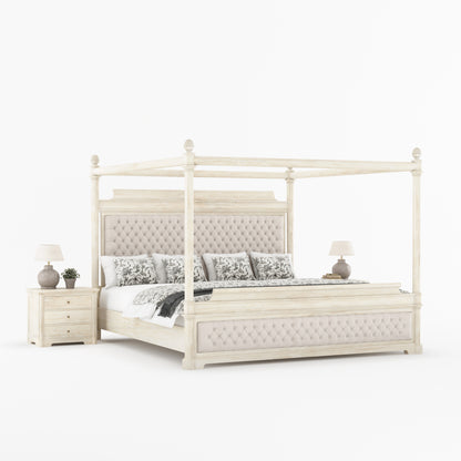 Abilene Four Poster Canopy Solid Wood Bed with Tufted Upholstered Headboard &amp; Footboard