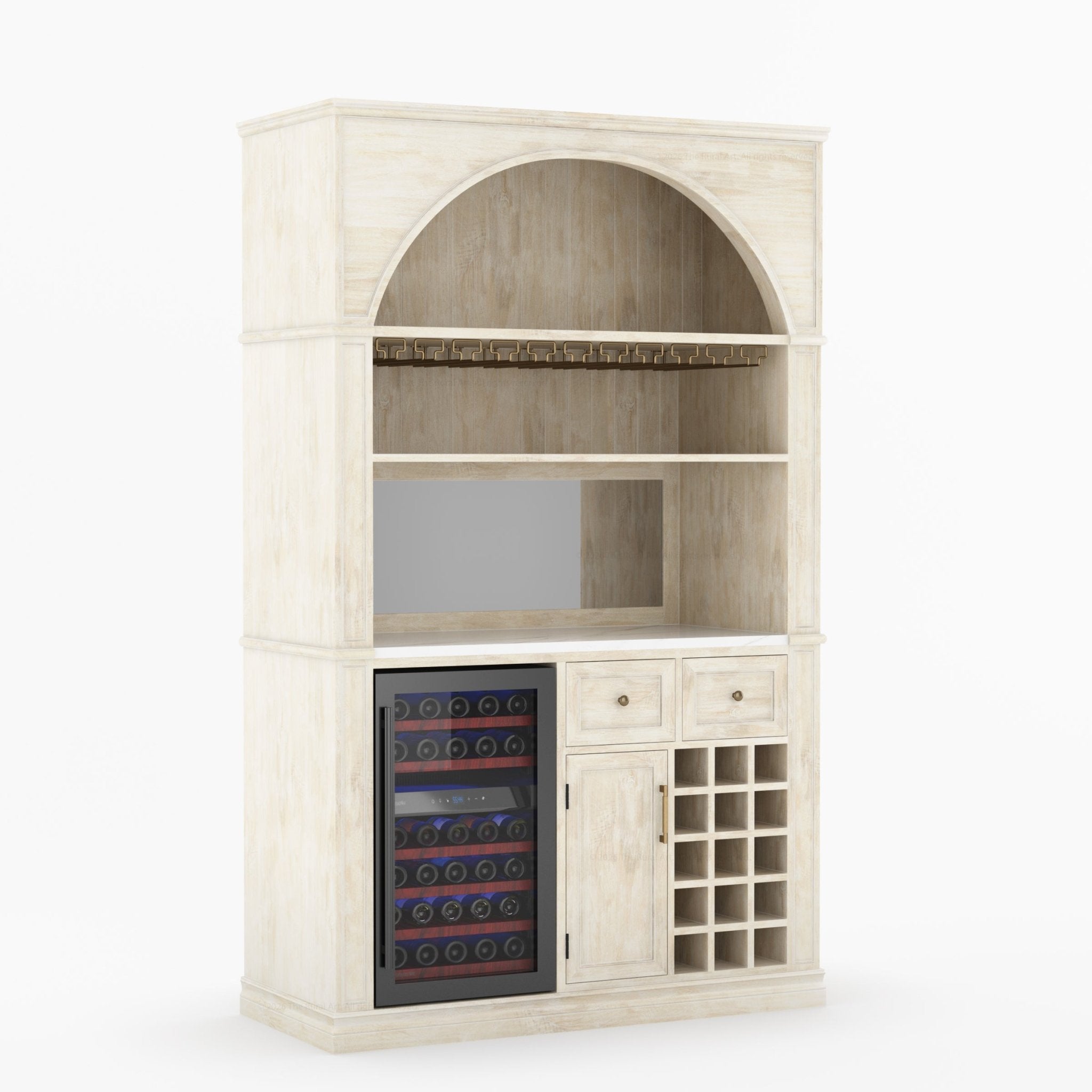 Douglas Arch Wine Bar Cabinet with Fridge Space &amp; Marble Countertop
