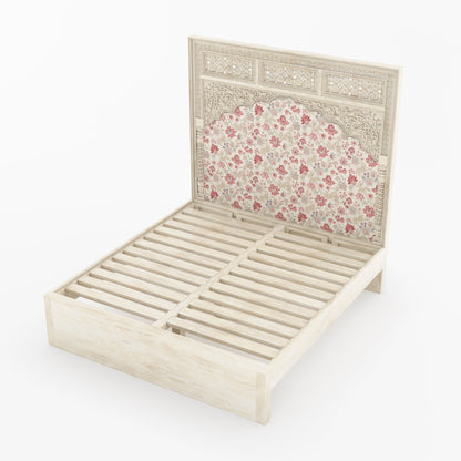Dakota Antique White Solid Wood Bed Hand-Carved with Vintage Floral Fabric Headboard