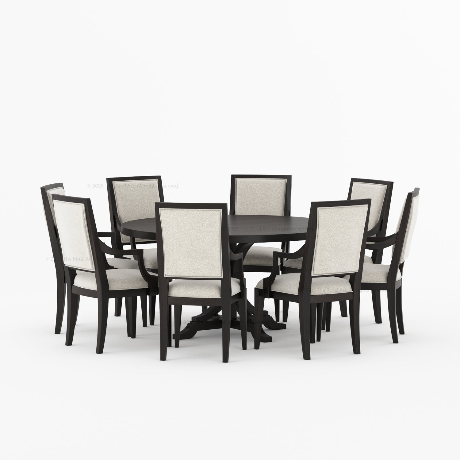 Miami Round Solid Wood Dining Table Set with Iron-Accented Pedestal &amp; Upholstered Armchairs