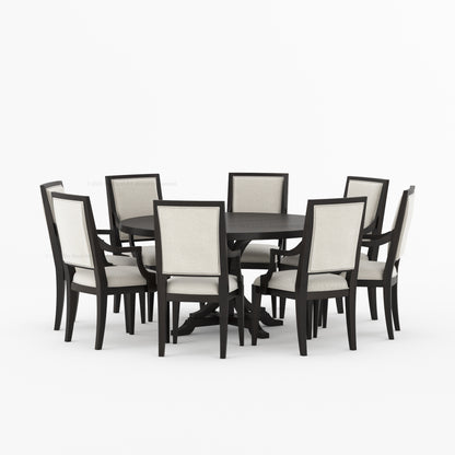 Miami Round Solid Wood Dining Table Set with Iron-Accented Pedestal &amp; Upholstered Armchairs