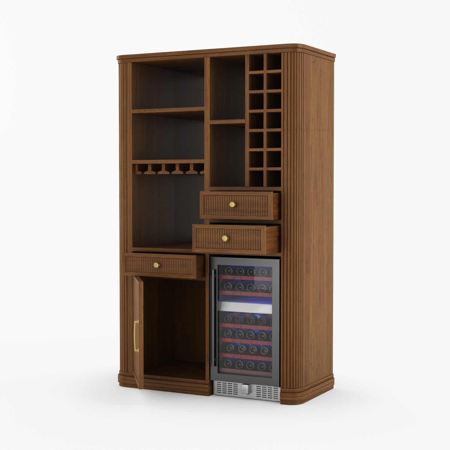 Durham Tall Wine Bar Cabinet with Built-In Wine Rack &amp; Refrigerator Space
