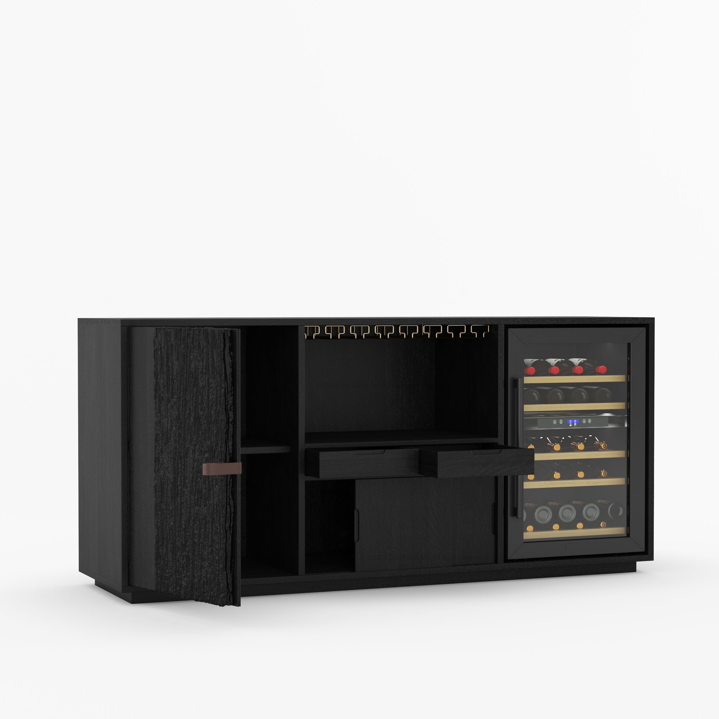 Myers Modern Black Bar Cabinet with Mini Fridge Space &amp; Leather Strap Door