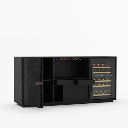 Myers Modern Black Bar Cabinet with Mini Fridge Space &amp; Leather Strap Door