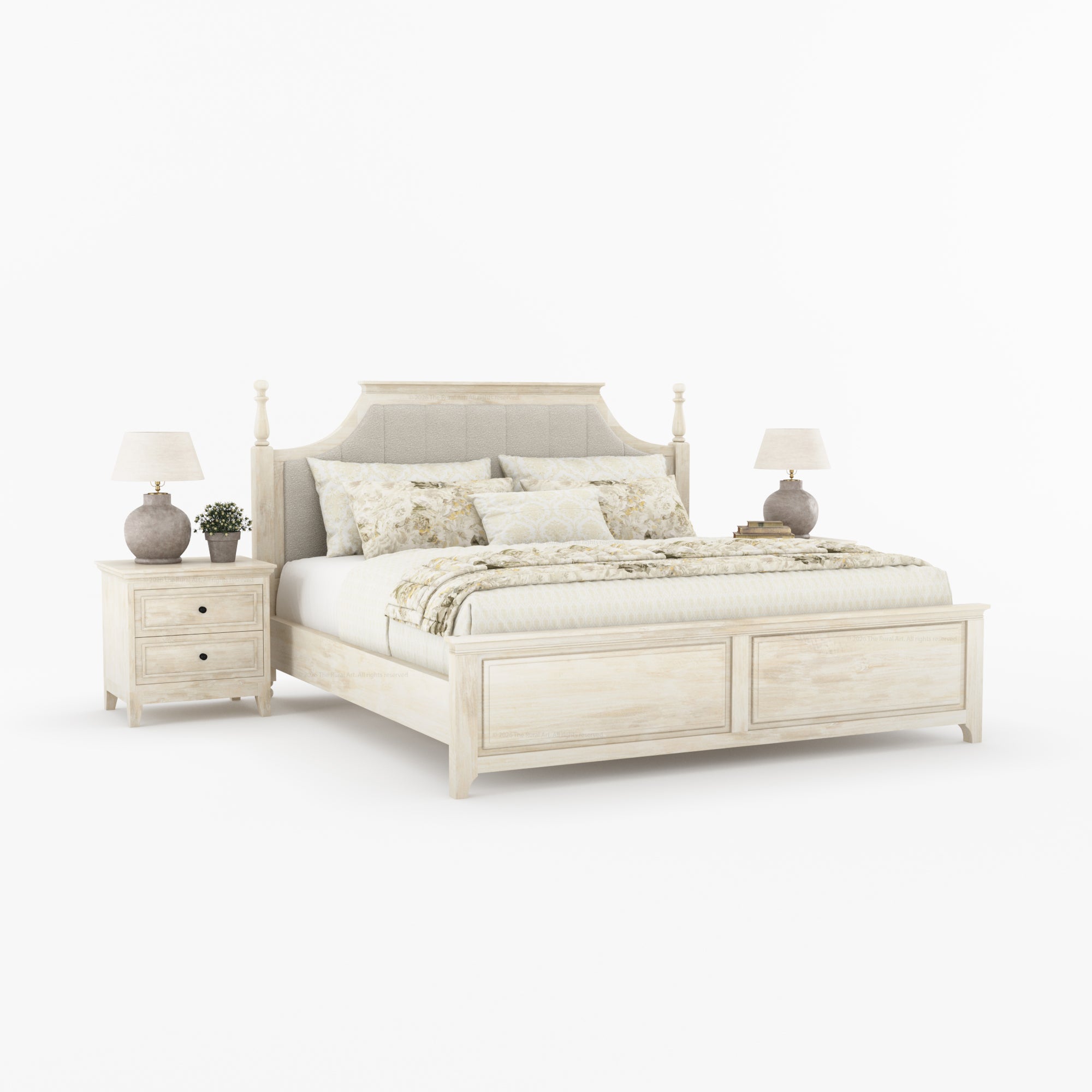 Anniston Solid Wood Bed and Nightstand Set with Upholstered Headboard