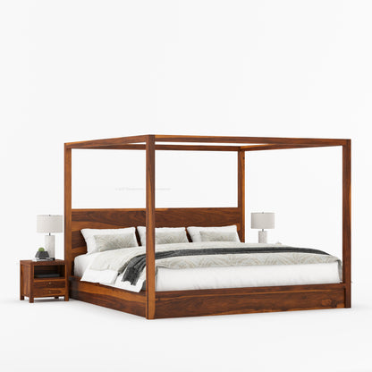 Orlando Solid Wood Canopy Platform Bedroom Set With Dresser, Nightstand, Bedside Bench &amp; Mirror