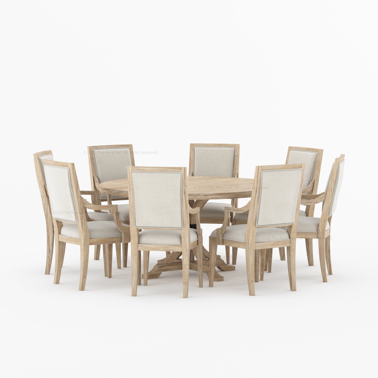 Miami Round Solid Wood Dining Table Set with Iron-Accented Pedestal &amp; Upholstered Armchairs