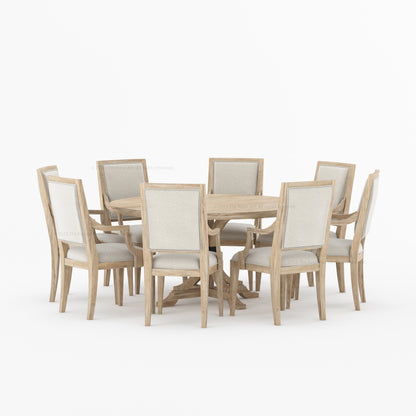 Miami Round Solid Wood Dining Table Set with Iron-Accented Pedestal &amp; Upholstered Armchairs