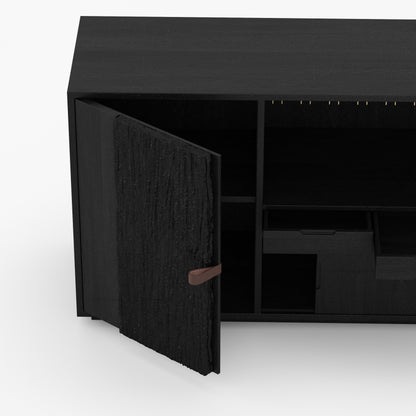 Myers Modern Black Bar Cabinet with Mini Fridge Space &amp; Leather Strap Door