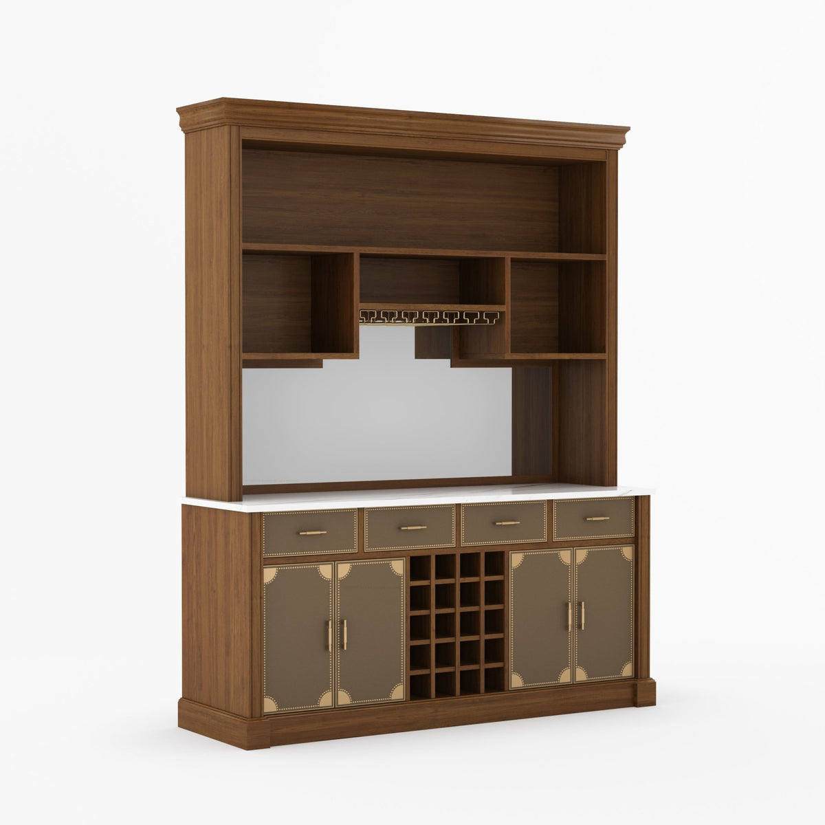 Lexington Solid Wood Wine Bar Cabinet with Hutch, Marble Countertop &amp; Leather Detailing