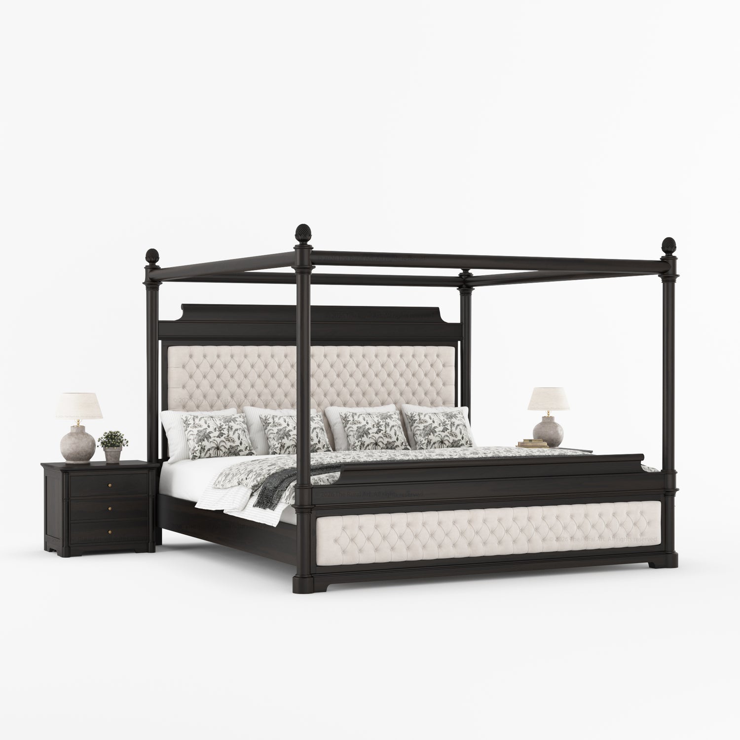 Abilene Four Poster Canopy Solid Wood Bed with Tufted Upholstered Headboard &amp; Footboard