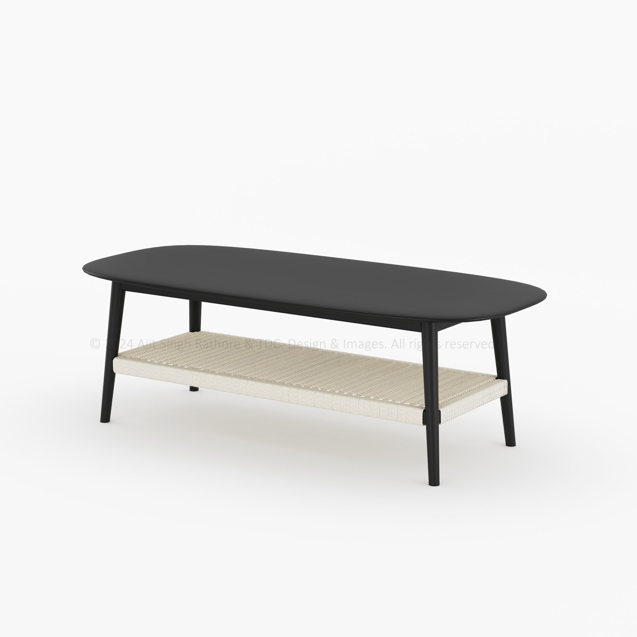 Two-Tier Coffee Table with Solid Wood Top and Polyester Rope Shelf