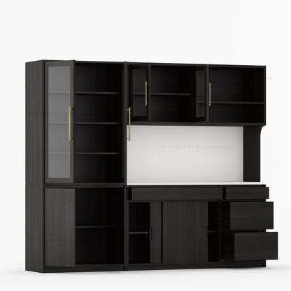 Girtin Solid Wood Wine &amp; Coffee Bar Hutch with White Quartz Countertop – 99” Width